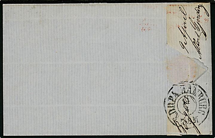 8 skilling Oscar I i vandret parstykke på brev annulleret med antiqua Bergen d. 9.4.1861 til Hamburg. Ank.stemplet antiqua K.D.O.P.A. Hamburg d. 14.4.1861.