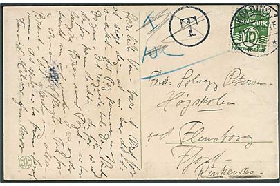 10 øre Bølgelinie på brevkort fra Kolding d. 21.6.1927 til Højskolen ved Flensborg Fjord, Rinkenæs. Fejlagtigt udtakseret i porto som udlandsbrevkort til Flensburg, Tyskland.