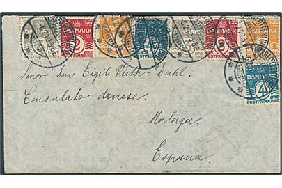 1 øre (2), 2 øre (2), 3 øre (2) og 4 øre (2) på 20 øre firefarve frankeret brev fra Charlottenlund d. 6.2.1910 til Malaga, Spanien.