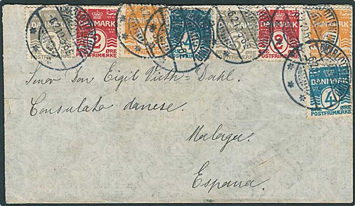 1 øre (2), 2 øre (2), 3 øre (2) og 4 øre (2) på 20 øre firefarve frankeret brev fra Charlottenlund d. 6.2.1910 til Malaga, Spanien.
