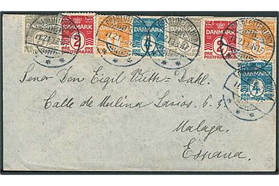 1 øre (2), 2 øre (2), 3 øre (2) og 4 øre (2) på 20 øre firefarve frankeret brev fra Charlottenlund d. 11.2.1910 til Malaga, Spanien.