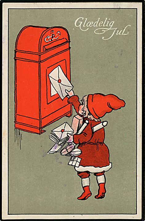 Nissepige lægger julepost i postkasse. Ukendt tegner. A. Vincent no. 5/3.