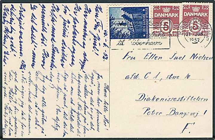 5 øre Bølgelinie (2) og Den danske Diakonissestiftelse mærkat på lokalt brevkort i København d. 27.6.1952.