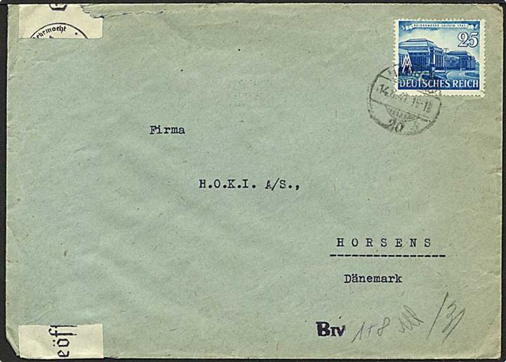 25 pfennig blå på brev fra Hamburg, Tyskland, d. 14.8.1941 til Horsens. Tysk censur.