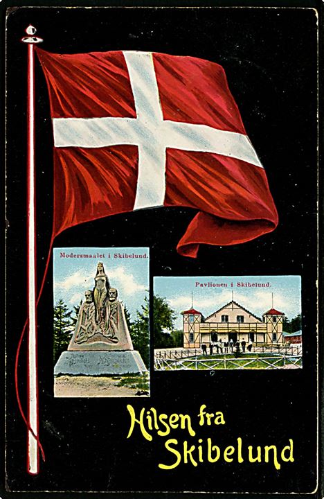 Skibelund, Hilsen fra med Dannebrog, samt prospekter med Modersmålet monument og pavillonen.  P. Hansen u/no.