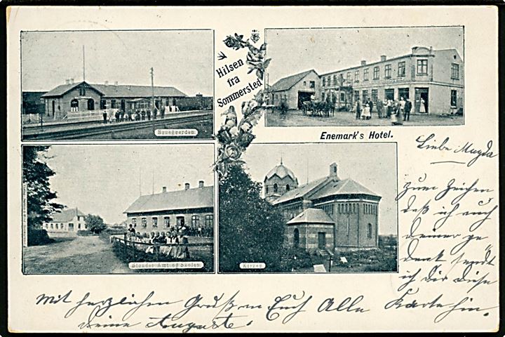 Sommersted, Hilsen fra med jernbanestation, Enemark's Hotel, kirke og skole. U/no.