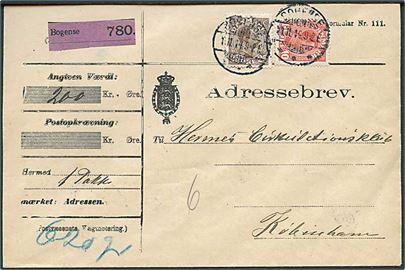10 øre og 25 øre Chr. X på adressekort for værdipakke fra Odense d. 11.11.1914 til København.