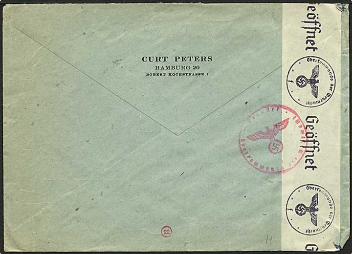 25 pfennig blå på brev fra Hamburg, Tyskland, d. 14.8.1941 til Horsens. Tysk censur.
