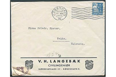 40 øre Karavel på brev fra København d. 30.8.1940 til Heide, Tyskland. Åbnet af tysk censur i Hamburg.