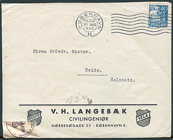 40 øre Karavel på brev fra København d. 30.8.1940 til Heide, Tyskland. Åbnet af tysk censur i Hamburg.
