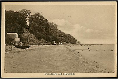 Mommark, strandparti. A/S Mommark Færgegaard no. 25430. Frankeret med 5 øre Bølgelinie og 15 øre Karavel annulleret brotype IIc Mommark d. 7.7.1934 til Holland.