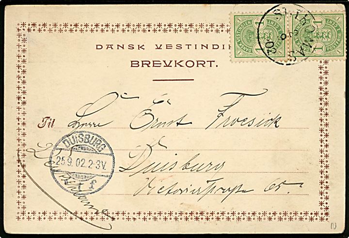 D.V.I., St. Thomas. Frankeret med 1 cent Våben i parstykke fra St. Thomas d. 2.9.1902 til Duisburg, Tyskland.