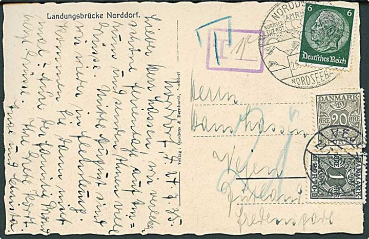 Tysk 6 pfg. Hindenburg på underfrankeret brevkort fra Norddorf d. 25.7.1935 til Vejen, Danmark. Violet portostempel T og udtakseret i 21 øre dansk porto med 1 øre og 20 øre Portomærker stemplet Vejen d. 27.7.1935.