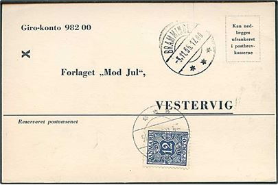 Ufrankeret tryksags-brevkort fra Bramminge d. 3.11.1955 til Vestervig. Udtakseret i enkeltporto med 12 øre Portomærke stemplet Vestervig.