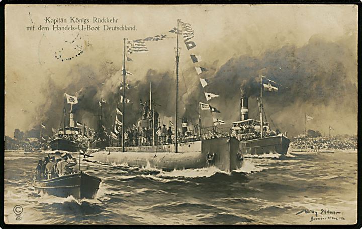 Willy Stöwer: Tysk handels-ubåd Deutschland i Bremen d. 25.8.1916 efter første rejse til USA. Anvendt som ufrankeret feltpost i Østrig-Ungarn 1916.