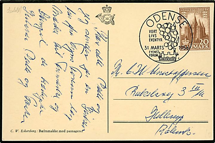 20 øre 1000 års udg. på brevkort annulleret med særstempel Odense / Vort Livs Eventyr / Fyens Forum d. 31.3.1956 til Hellerup.