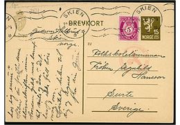 15 øre helsagsbrevkort opfrankeret med 5 øre Posthorn fra Skien d. 19.3.1942 til Surte, Sverige. Passér stemplet ved den tyske censur i Oslo.