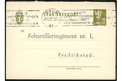 15 øre Løve svardel af dobbelt helsagsbrevkort fra Oslo d. 14.11.1949 til Feltartilleriregiment nr. 1 i Frederikstad.
