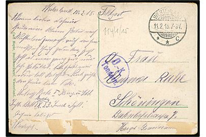 Ufrankeret feltpostkort fra soldat på Sylt stemplet Westerland d. 11.2.1918 til Schöningen. Violet censur stempel Ü.-K. Tondern.