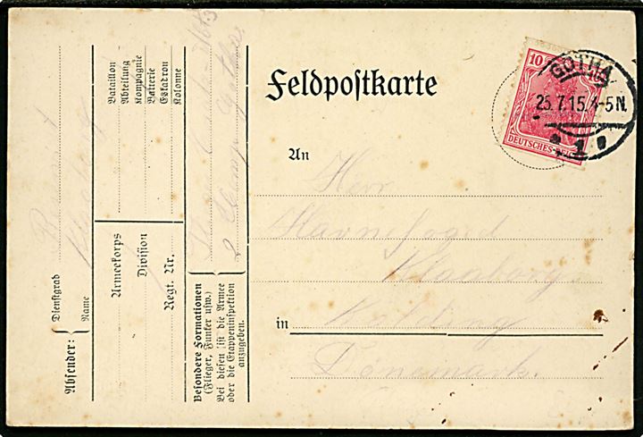10 pfg. Germania på frankeret feltpostkort stemplet Gotha d. 25.7.1915 til Kolding, Danmark. Skrevet på dansk af reservist Klaaberg ved Flieger-Ersatz-Abt. 3, 2. Comp. Gotha.