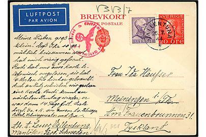 20 öre Gustaf helsagsbrevkort opfrankeret med 10 öre Gustaf sendt som luftpost og stemplet Vallentuna d. 25.7.1944 til Meiningen, Tyskland. Streger efter kemisk censur og passér stemplet fra den tyske censur i Berlin.