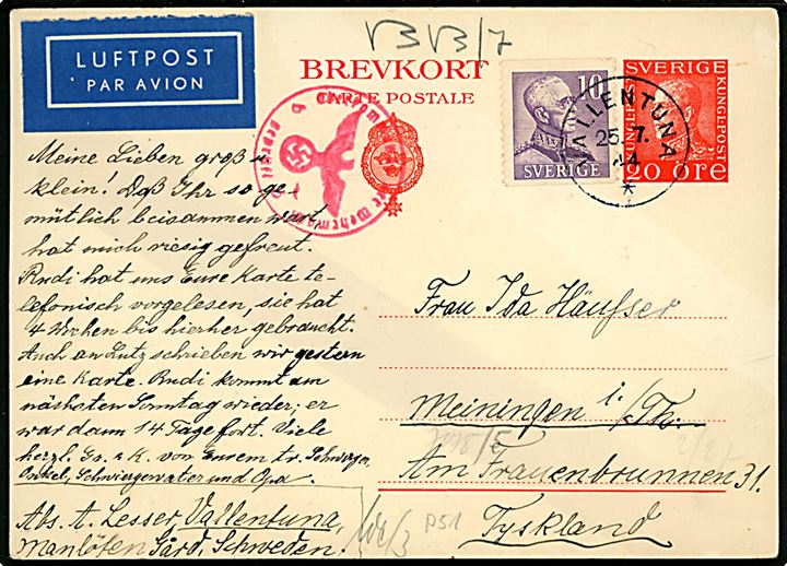 20 öre Gustaf helsagsbrevkort opfrankeret med 10 öre Gustaf sendt som luftpost og stemplet Vallentuna d. 25.7.1944 til Meiningen, Tyskland. Streger efter kemisk censur og passér stemplet fra den tyske censur i Berlin.