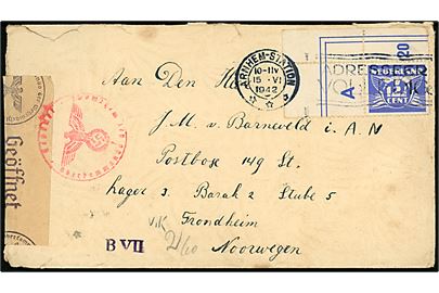 Hollandsk 12½ c. frankeret brev fra Arnhem Station d. 15.6.1942 til OT-arbejder ved Postbox 149 Str., Lager 3, Trondheim, Norge. Åbnet af tysk censur i Hamburg.