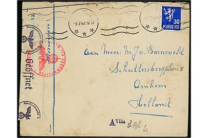 20 øre Løve på brev fra hollandsk OT-arbejder i Bodø d. 9.7.1942 til Arnhem, Holland. Åbnet af tysk censur i Hamburg.