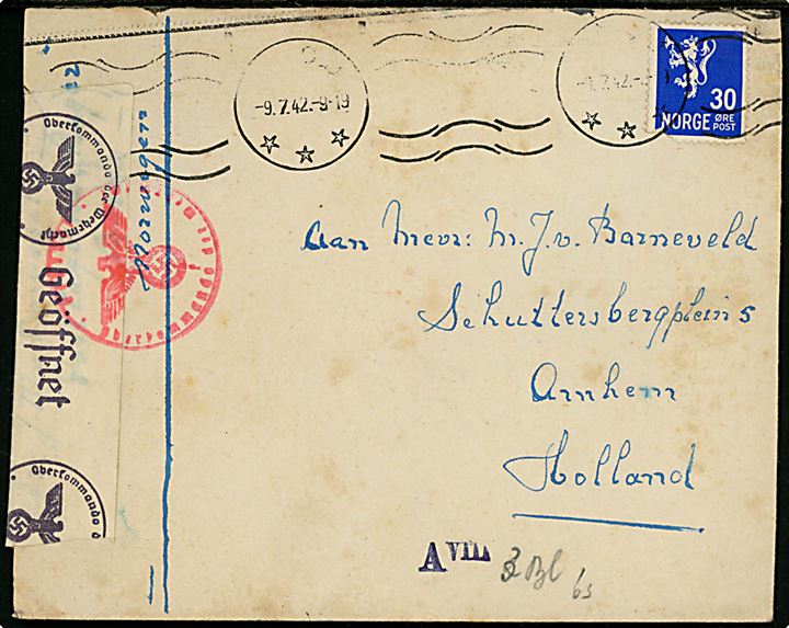 20 øre Løve på brev fra hollandsk OT-arbejder i Bodø d. 9.7.1942 til Arnhem, Holland. Åbnet af tysk censur i Hamburg.