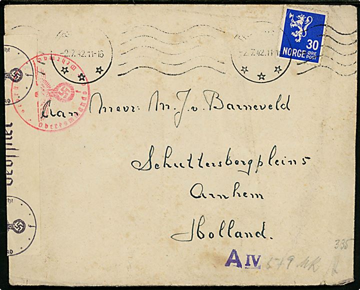 20 øre Løve på brev fra hollandsk OT-arbejder i Postbox 149 Lager 3 stemplet Trondheim d. 2.7.1942 til Arnhem, Holland. Åbnet af tysk censur i Hamburg.