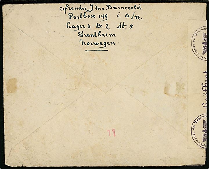 20 øre Løve på brev fra hollandsk OT-arbejder i Postbox 149 Lager 3 stemplet Trondheim d. 2.7.1942 til Arnhem, Holland. Åbnet af tysk censur i Hamburg.