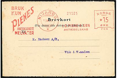15 øre firmafranko frankeret brevkort fra firma I.C.Piene & Søn Aktieselskab Bruk kun PIENES anerkjendte Melvarer (No. 704) fra Nidaros d. 11.8.1930 til Vik i Vaalen. Byen Trondhjem blev fornorsket som led i en sproglige nationalisme og pr. 1.1.1930 omdøbt til Nidaros. Ændringen mødte stor modstand og blev ved lov at 6.3.1931 ændret til Trondheim. Sjældent frankostempel. 