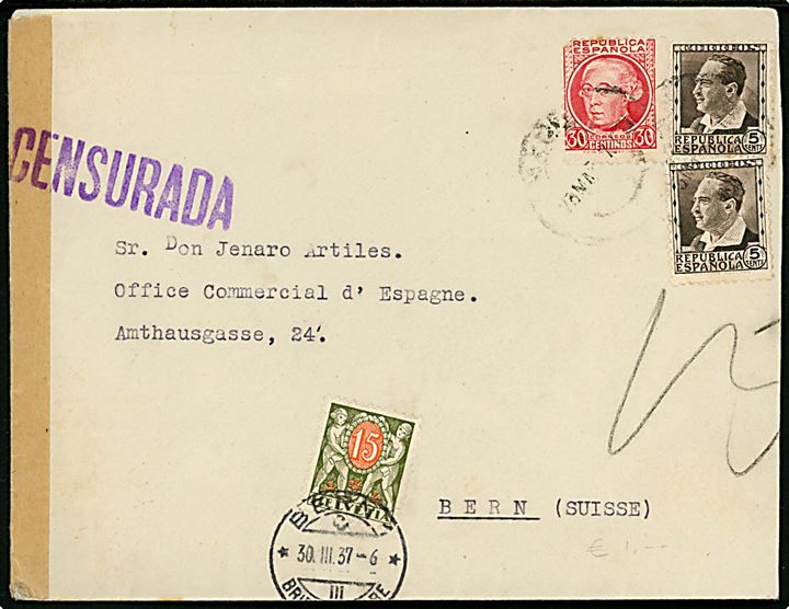 5 cts. (2) og 30 cts. på underfrankeret brev fra Madrid d. 23.5.1937 til Bern, Schweiz. Åbnet af spansk censur og udtakseret i porto med 15 c. Portomærke stemplet Bern d. 30.3.1937.