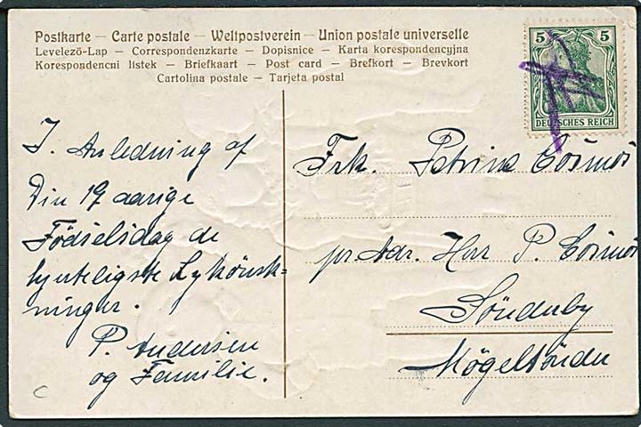 5 pfg. Germania annulleret med blækstift på brevkort til Sønderby pr. Møgeltønder.