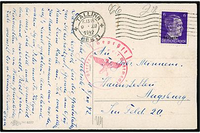 6 pfg. Hitler Ostland Provisorium på brevkort fra Tallinn Eesti d. 9.12.1942 til Augsburg, Tyskland. Passér stemplet ved den tyske censur i Königsberg. Har været opklæbet.