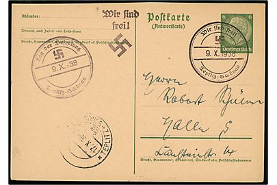 Sudetenland. 6 pfg. Hindenburg svardel af dobbelt helsagsbrevkort annulleret med gummistempel Wir sind Frei / 9.x.1938 / Teplitz-Schönau og sidestemplet med udslebet tjekkisk stempel i Treplitz-Schönau d. 17.10.1938 til Halle, Tyskland.