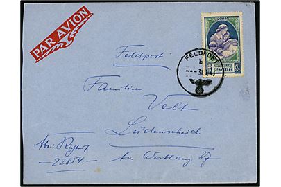 Fransk 70+80 c. velgørenheds udg. på luftpostbrev sendt som tysk feltpost og stemplet Feldpost b d. 31.7.1940 til Lüdenscheid, Tyskland. Sendt fra feldpost no. 22854 = Kommando 223. Infanterie-Division stationeret i Bretagne, Frankrig.
