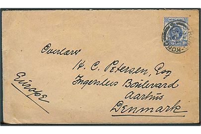 10 c. George V på brev fra Hong Kong d. 20.4.1920 til Aarhus, Danmark.