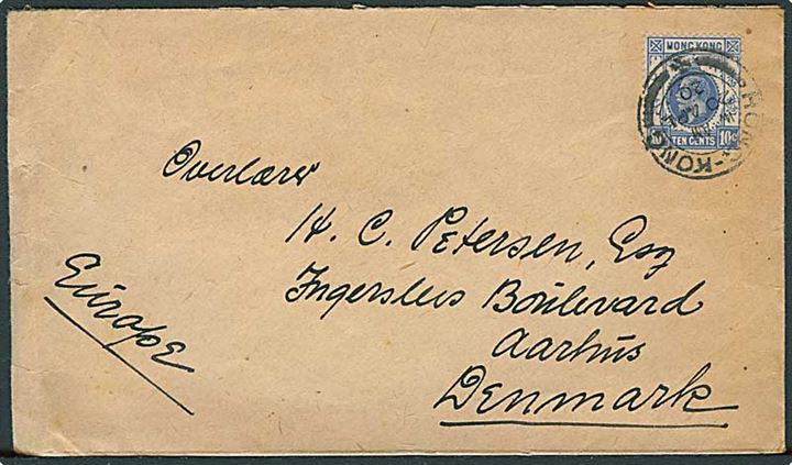 10 c. George V på brev fra Hong Kong d. 20.4.1920 til Aarhus, Danmark.