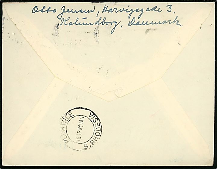 40 øre Chr. X 75 år single på brev fra Kalundborg d. 18.2.1946 til Plumtree, Southern Rhodesia. Ank.stemplet på for- og bagside Plumtree S. Rhodesia d. 18.4.1946. God destination.