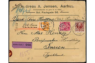 1 øre, 10 øre Bølgelinie og 50 øre Fr. VIII på 61 øre frankeret værdibrev fra Frimærkehandler Andreas A. Jensen i Aarhus d. 29.10.1913 til Gnesen, Tyskland.