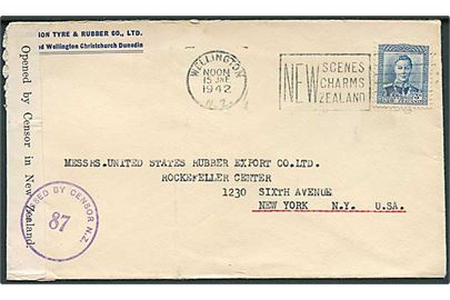 3d George VI single på brev fra Wellington d. 15.6.1942 til Mew York, USA. Åbnet af lokal censur på New Zealand.