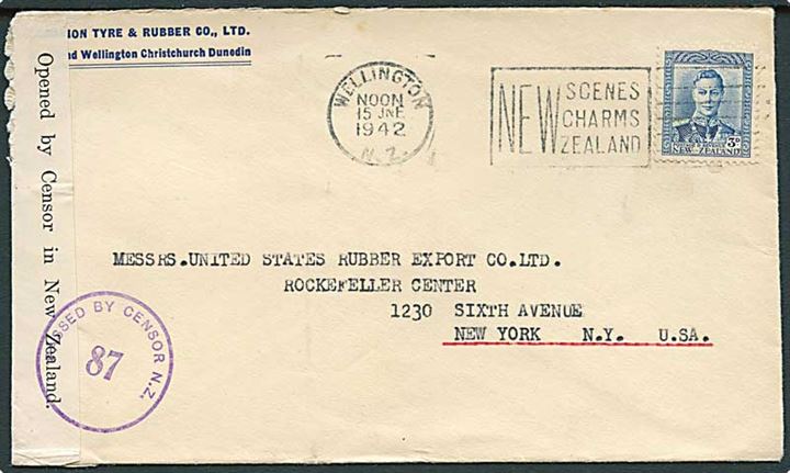 3d George VI single på brev fra Wellington d. 15.6.1942 til Mew York, USA. Åbnet af lokal censur på New Zealand.
