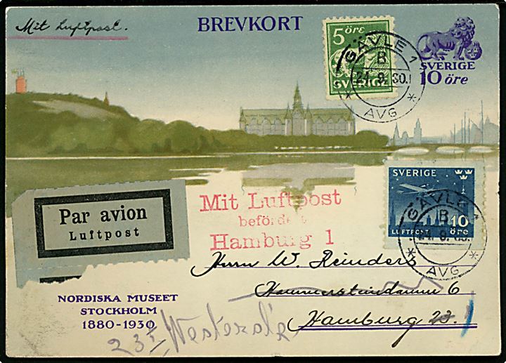 10 öre Nordiska Museum illustreret helsagsbrevkort opfrankeret med 5 öre Løve og 10 öre Luftpost sendt som luftpost fra Gävle d. 24.9.1930 til Hamburg. Rødt luftpost stempel: Mit Luftpost befördert Hamburg 1.