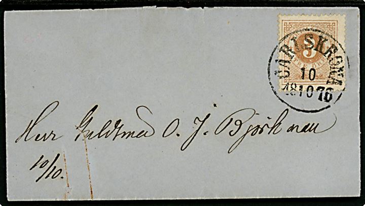 3 öre Ringtype single på lokalbrev i Carlskrona d. 10.10.1876.