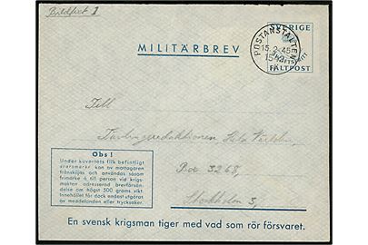 Militärbrev med vedhængende svarmærke stemplet Postanstalten 1542 H (= Garsås) d. 15.2.1945 til Stockholm. Stempel kun registreret brugt i perioden 15.-26.2.1945. Bagklap mgl. 