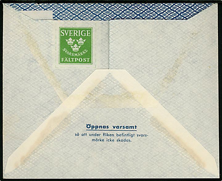 Militärbrev med vedhængende svarmærke stemplet Postanstalten 1542 H (= Garsås) d. 15.2.1945 til Stockholm. Stempel kun registreret brugt i perioden 15.-26.2.1945. Bagklap mgl. 