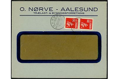 20 øre Løve i parstykke på rudekuvert fra Aalesund annulleret med sejlende bureaustempel Sundmør A d. 24.9.1934