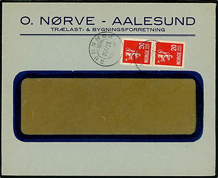 20 øre Løve i parstykke på rudekuvert fra Aalesund annulleret med sejlende bureaustempel Sundmør A d. 24.9.1934