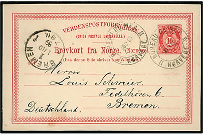 10 øre helsagsbrevkort fra Christiansand annulleret med sejlende bureaustempel Bureau de Mer II / Norvege / II d. 30.9.1889 til Bremen, Tyskland. Stempel benyttet på ruten Christiansand - Frederikshavn.